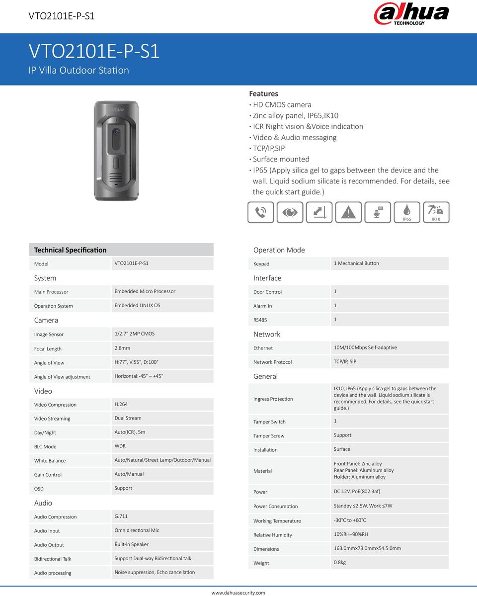 Dahua DHI-VTO2101E-P-S1 2MP IP Villa Outdoor Station 0